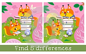 Cute squirrels are reading in spring meadow. Find 5 differences. Game for children. Hand drawn full color children