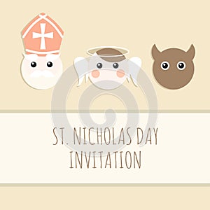 Cute St. Nicholas with devil and angel, christmas card