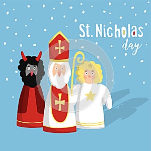 Cute St. Nicholas with devil, angel, christmas invitation, card. Flat design, illustration, winter background.