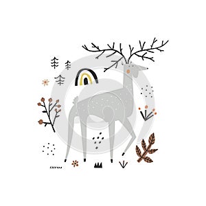 Cute stag character and doodle plants elements isolated on white background