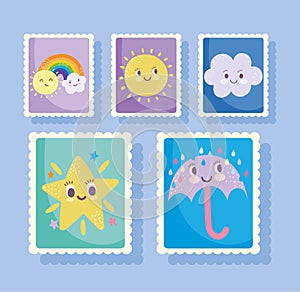 Cute stamps, cartoon star umbrella rain rainbow clouds sun icons