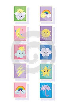 Cute stamps, moon sun clouds rainbow stars rain umbrella icons set