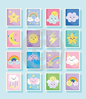 Cute stamps, weather fantasy clouds sun moon rainbow rain umbrella cartoon