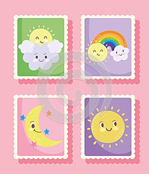 Cute stamps, weather sun rainbow clouds moon icons
