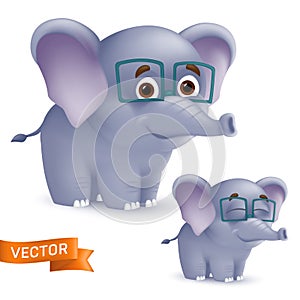Cute standing and smiling cartoon baby elephant character in glasses. Vector illustration of an african wildlife mascot newborn