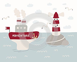 Cute steamboat and lighthouse illustration