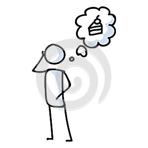 Cute stick figure craving sweet cake on diet lineart icon. Crave food while dieting. Stick men thinking about food treat photo