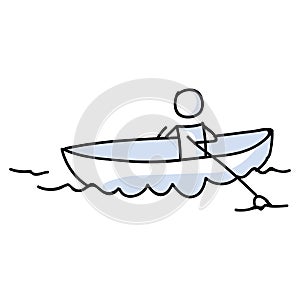 Cute stick figure on kayaking holiday vector clipart. Concept of boating on lake in canoe. Hand drawn pictogram of recreation