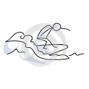 Cute stick figure surfing on ocean wave vector clipart. Hawaiian outdoor sports. Hand drawn simple surfer illustration. Tropical