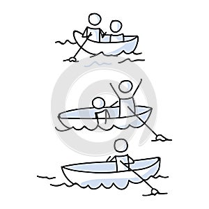 Cute stick figures on kayaking holiday set vector clipart. Concept of boating on lake in canoe. Hand drawn pictogram of