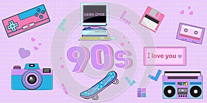 Cute sticker pack in trendy retro y2k style. Kawaii elements set. Glamour 90s. Nostalgia for 1990s -2000s.