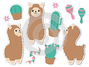 Cute sticker style collection of vector graphic brown fluffy  alpacas or llamas with cuctus rumba shakers and flowers