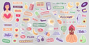 Cute stickers for diary, planner, scrapbook or scheduler with girl characters. Trendy doodle icons and motivation lettering for