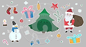Cute stickers set of doodle Christmas elements