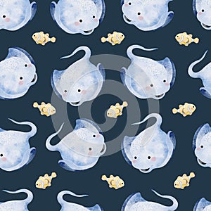 Cute Stingray and Clownfish Seamless Pattern on navy blue background illustration