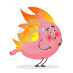 Cute Stomach emotions character in fire. Gastritis and acid reflux, indigestion and stomach pain problems vector concept