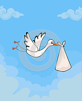 Cute stork delivering baby bundle on sky background