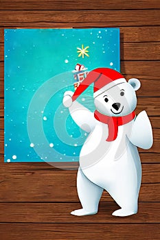 Cute storybook polar bear Christmas illustration