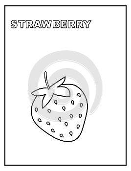 Cute strawberry black and white coloring page with name of fruit. Great for toddlers and kids any age.