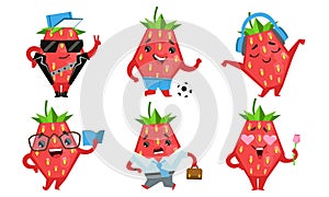 Cute Strawberry Cartoon Character Set, Funny Fruit in Different Situations and Various Emotions Vector Illustration