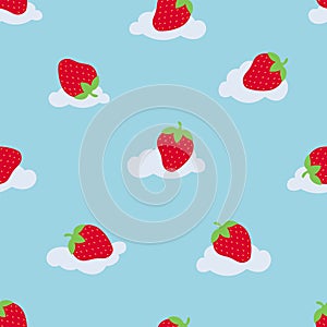 Cute strawberry on the cloud seamless pattern. Design sketch element for textile, prints for clothes. Vector illustration