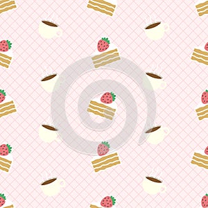 cute strawberry cream cake and coffee cup seamless pattern