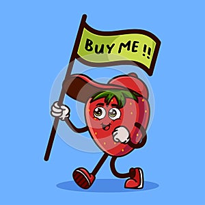 Cute Strawberry fruit character carrying a flag that says buy me. Fruit character icon concept isolated. Emoji Sticker. flat