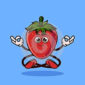 Cute Strawberry fruit character Meditation. Fruit character icon concept isolated. Emoji Sticker. flat cartoon style Vector