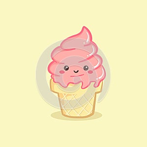 Cute Strawberry Pink Ice Cream Cone Vector Illustration Cartoon
