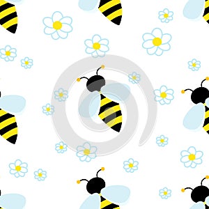 Cute striped Bee around white flowers chamomile. Vector Seamless pattern.