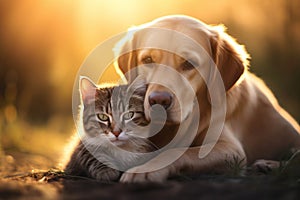 Cute striped cat and Labrador dog cuddling on sunny summer day. Friendship between kitten and puppy
