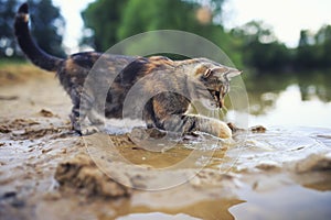 striped cat looks out for the surface and deftly catches fish with his paw in the pond in the village in the summer