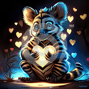 Cute Striped Hyena hugging heart Illustration of a baby tiger with a heart in his hand. generative AI