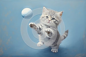 Cute striped kitten playing with a ball. Illustration drawing of a playful cat on the blue background. AI Generated