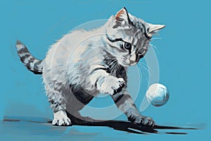 Cute striped kitten playing with a ball. Illustration drawing of a playful cat on the blue background. AI Generated