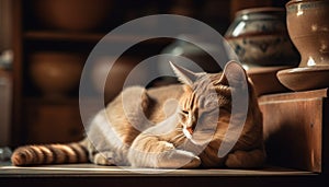 Cute striped kitten resting on table, indoors in domestic room generated by AI