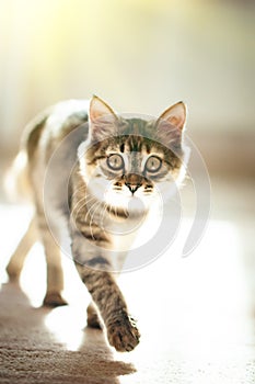 A cute striped kitten is sitting in the room. Selective focus.