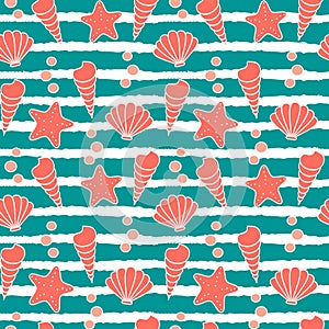 Cute striped seamless vector pattern background illustration with seashells and starfishes in living coral color