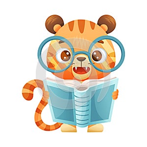 Cute Striped Tiger in Glasses Reading Book in Hard Cover Enjoying Interesting Story Vector Illustration