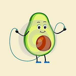 Cute strong avocado character training on a rope. Vector illustration concept healthy lifestyle.