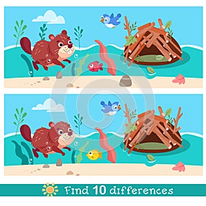 Cute stylised beaver swimming in river near hut. Find 10 differences. Educational puzzle game for children. Cartoon