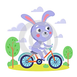 Cute stylised flat bunny on bicycle. Vector illustration.