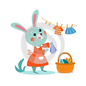 Cute stylised flat bunny rabbit mum hanging baby clothes. Cartoon isolated funny for design. Vector illustration.