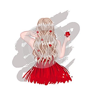 Cute stylish blonde hair girl back side. Glamour lady fashion in red.