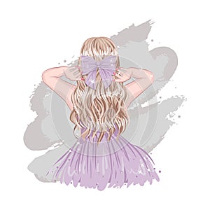 Cute stylish blonde hair girl back side. Glamour lady fashion wearing purple ribbon and dress.
