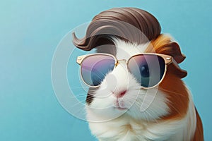 Cute stylish funny Guinea Pig wear sunglasses on solid blue bright background. ai generative