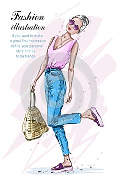 Cute stylish girl in fashion clothes. Fashion woman with bag. Hand drawn blonde hair woman. Sketch.