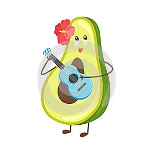 Cute summer avocado cartoon character playing on ukulele guitar - summer vibes hawaian print for t-shirts, greeting cards, sticker