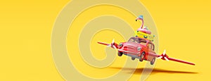 Cute summer car with wings will take off. Creative minimal travel concept idea on orange background 3D Render