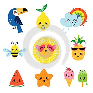 Cute summer cartoon characters set